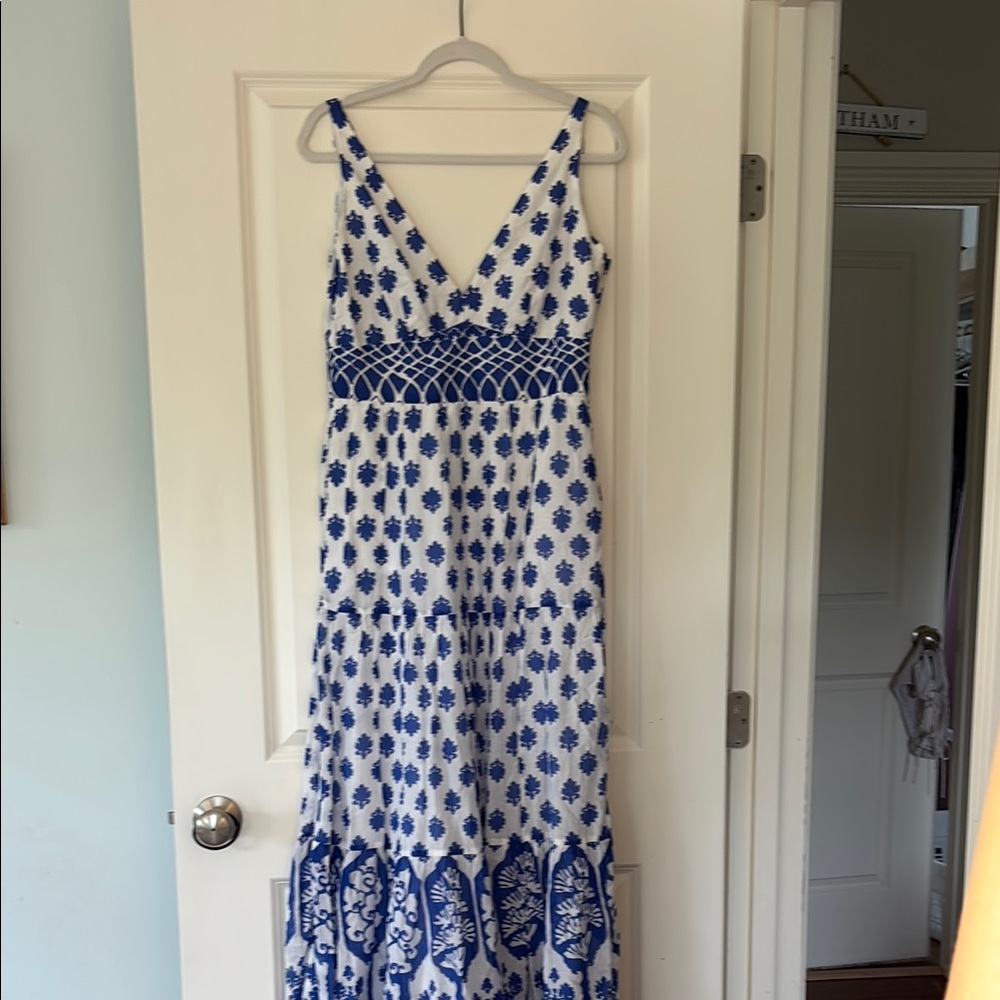 J. Crew Blue and White Sleeveless V-Neck Maxi Sundress, size 4
